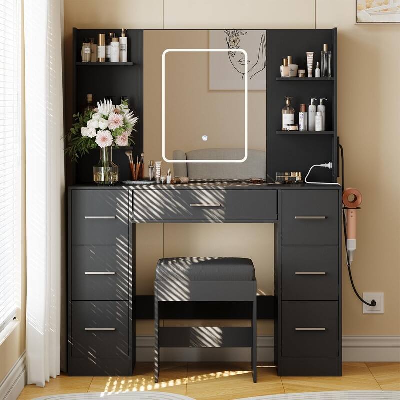 Vanity Desk with LED Lighted Mirror and Stool, 7 Drawers, 6 Open Shelves
