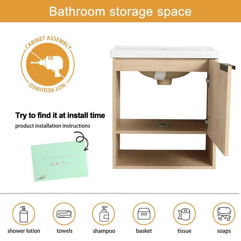 Malwee 16"/20" Floating Bathroom Vanity, Mini Wall Mounted Bathroom Vanity with Ceramic Sink and Soft Close Door