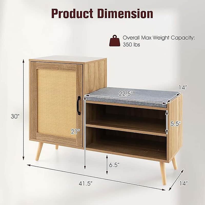 2-in-1 Rattan Shoe Cabinet w/ Bench 3 Adjustable Shelves & Wood Legs