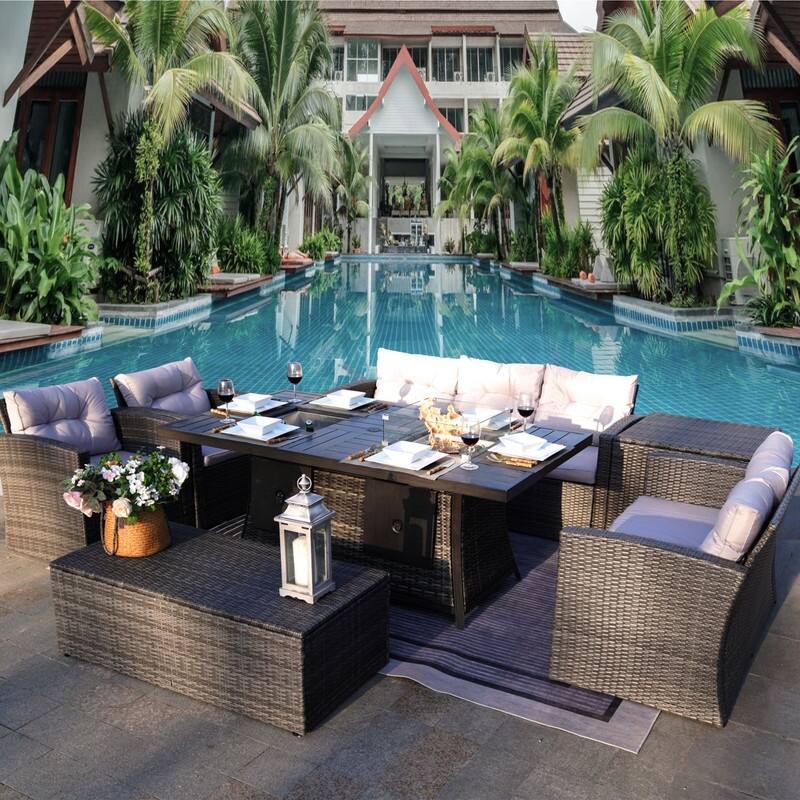 Patio Wicker Sofa Set With Firepit and Ice Container Rectangle Dining Table - Grey