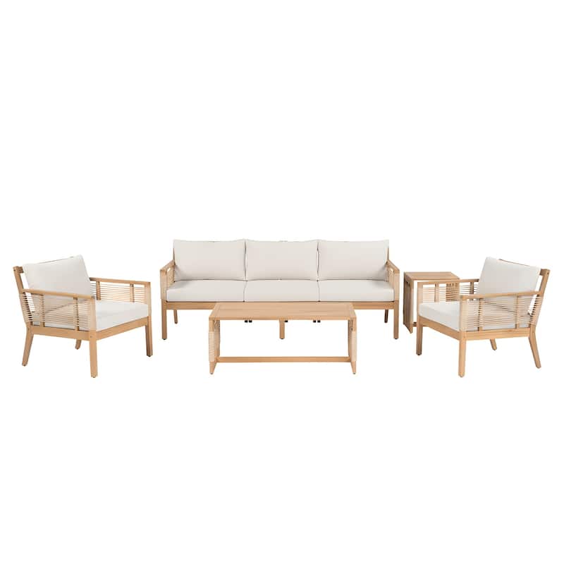 Roomfitters 5-Piece Patio Sofa Set, Modern Rope Weave Outdoor Furniture, 3-Seater Sofa, 2 Armchairs and 2 Tables, Teak+Beige