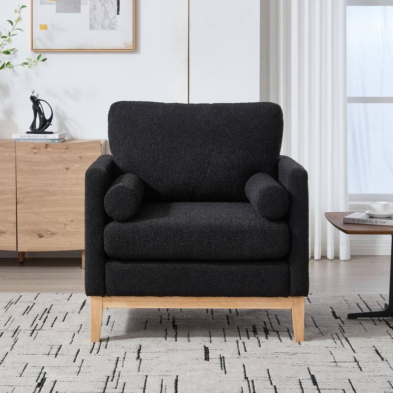 Boucle Armchair with Storage Ottoman - 300lb Capacity, Farmhouse Style - Black + Gold - Without Ottoman