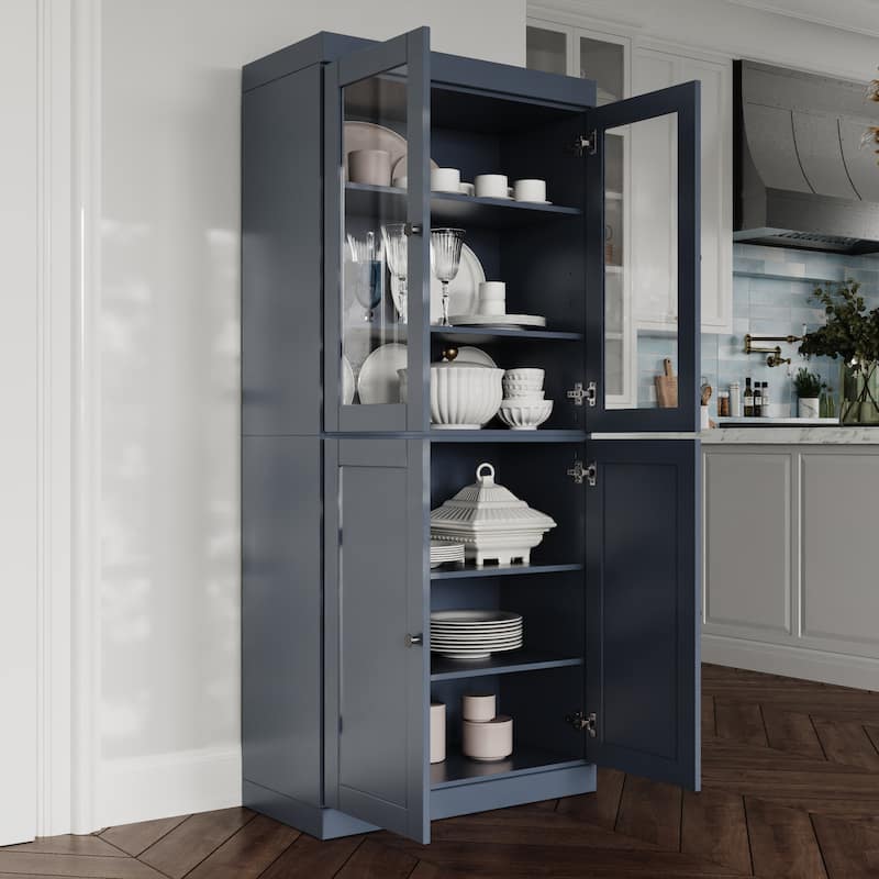 Palace Imports 100% Solid Wood 32" Pantry Cabinet with Clear Glass, Shaker Doors and Adjustable Shelves