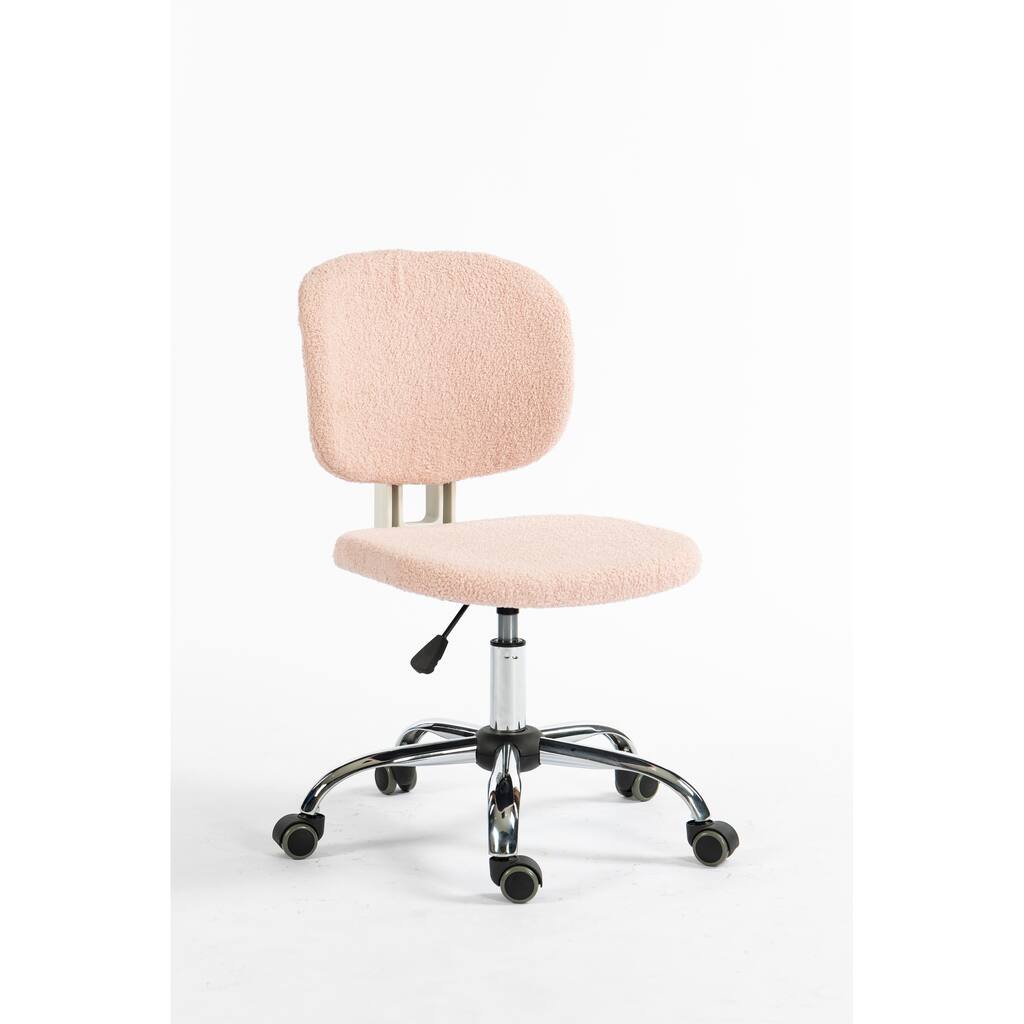 Teddy Velvet Makeup Pink Office Desk Chair Bling Desk, Armless Vanity Desk Task Chair with Wheels 360°,Adjustable Height