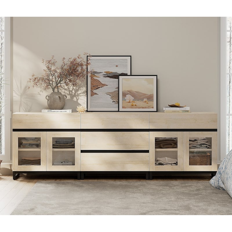 WAMPAT 3 in 1 Multifunctional Dresser with Glass Doors and 5 Drawers, Modern Chest of Drawers for Bedroom - Beige - 5-drawer