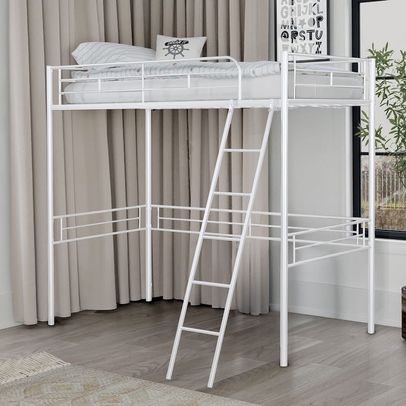 Contemporary White Metal Twin Loft Bed with Open Space Underneath - White
