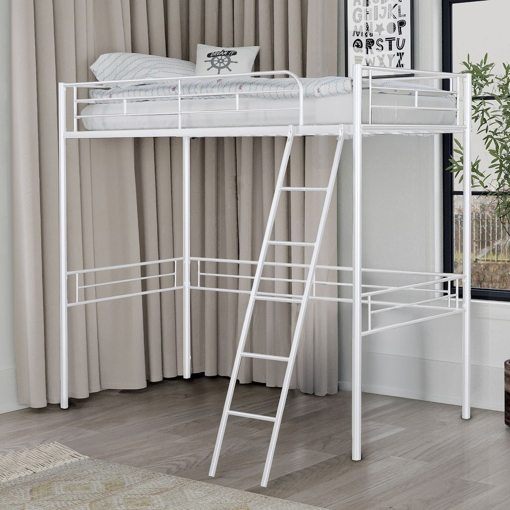 Contemporary White Metal Twin Loft Bed with Open Space Underneath