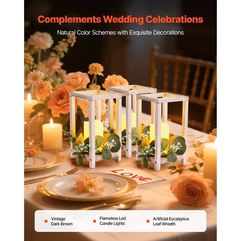 Wooden Wedding Lantern Set with LED Candles and Eucalyptus Wreath Rustic Cedar Table