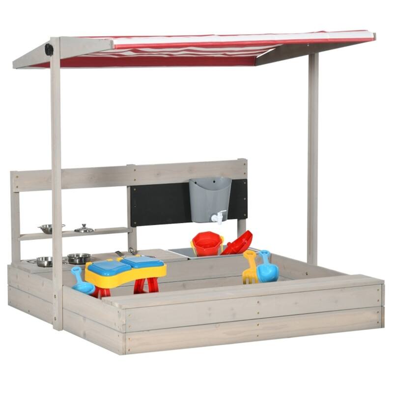 Gray Wooden Kids Sandbox with Kitchen Set Adjustable Canopy and Storage Shelf for Ages 3 to 7 Years - 45"W x 43.25"D x 43.25"H