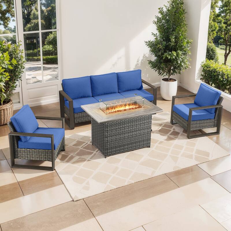 Pocassy Fire Pit Table with Outdoor Sofa Chair Ottoman Set - Grey Wicker Blue Cushion - 4-Piece Sofa Patio Chair with Fire Table