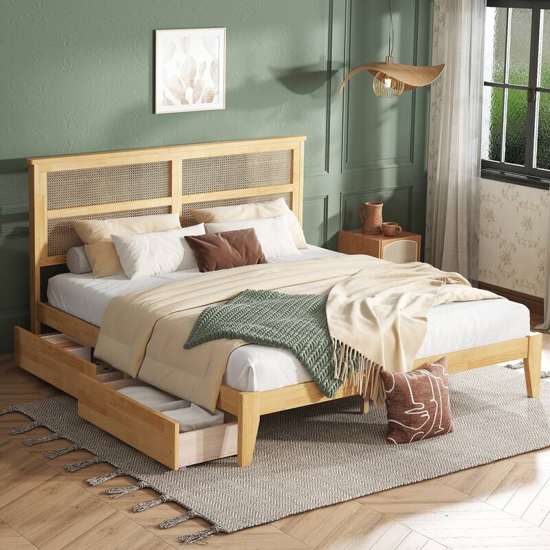 Platform Bed with Rattan Headboard, Wood Slats Support and Enhanced Support Legs - Optional Storage Bed with 2 Drawers - White Oak with Drawers - King