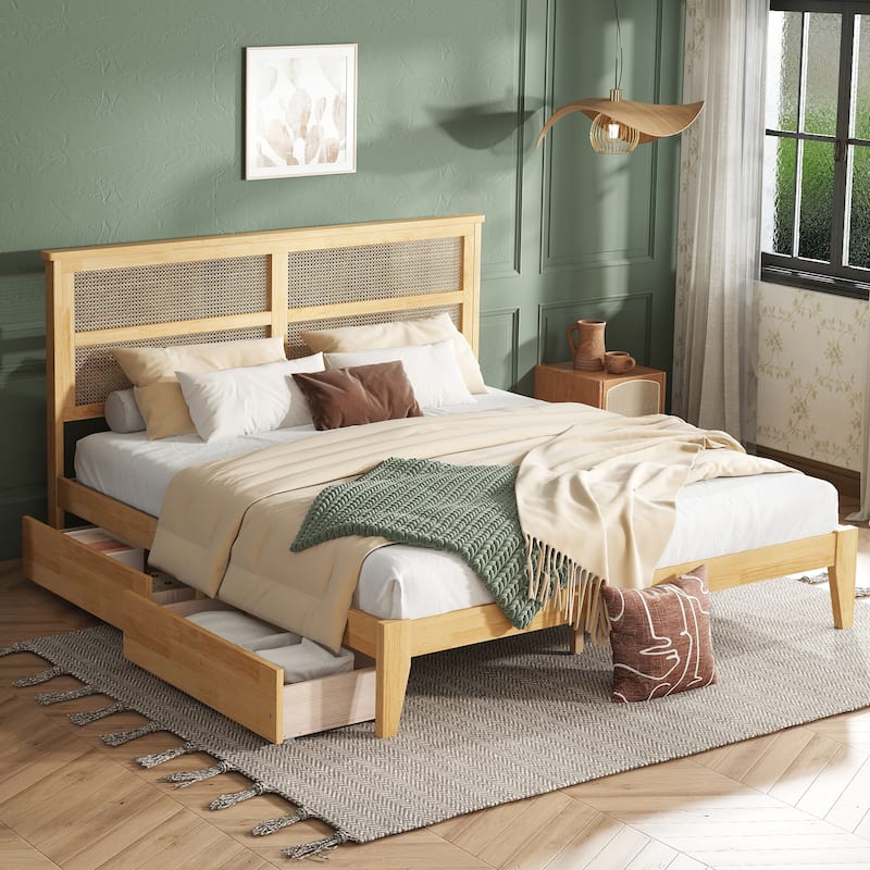 Queen Size Platform Bed with Rattan Headboard, 2 Underbed Storage Drawers, Solid Rubber Wood Frame