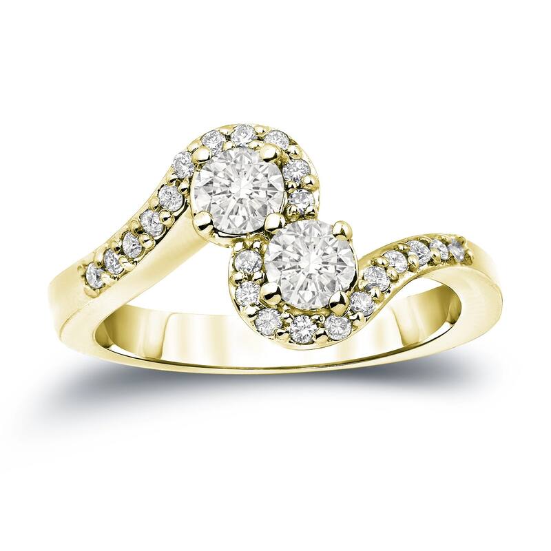 Auriya 14k Gold 3/4ct TDW Round 2-Stone Diamond Halo Engagement Ring - 4 - Yellow