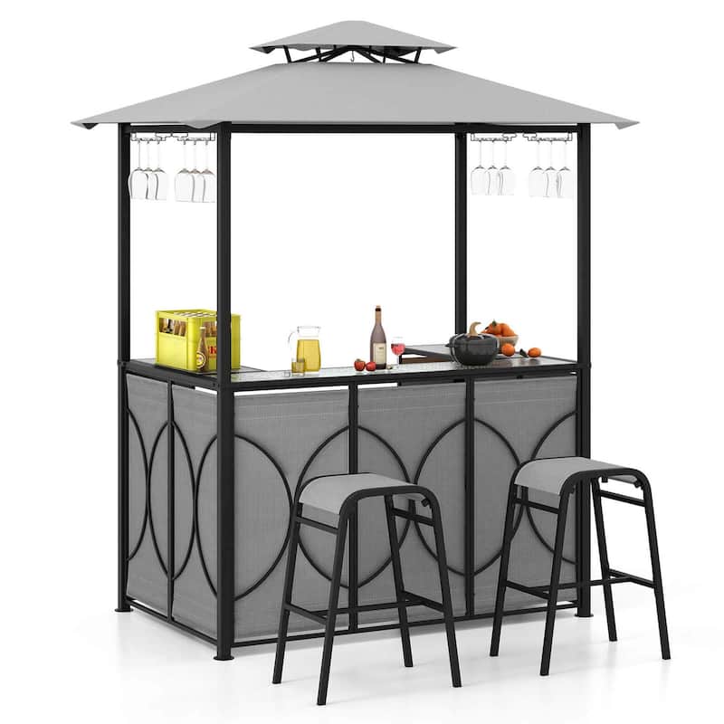 3-Piece Patio Bar Set w/ 2 Stools & Metal Storage BBQ Gazebo Shelter - Grey