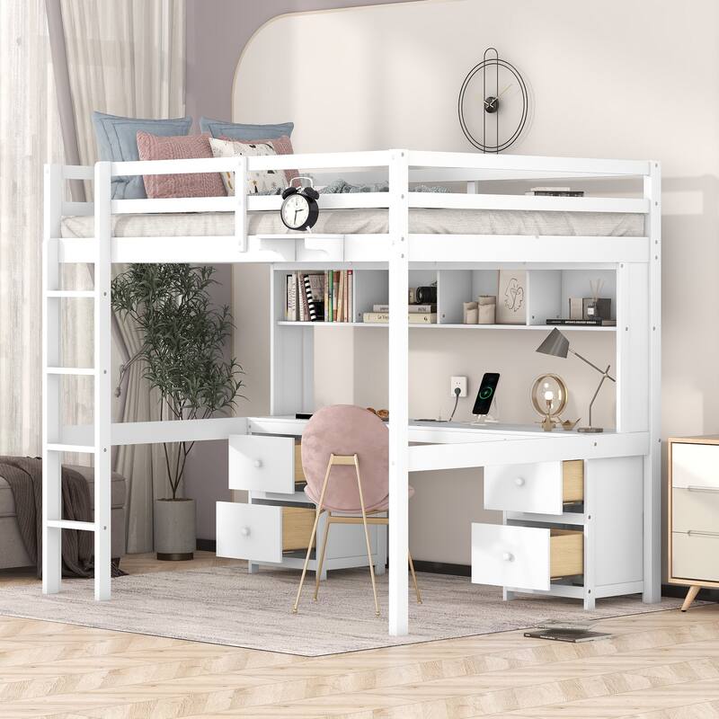 Multifunctional Full Loft Bed with Desk, Storage, and USB Charging Ports, White/Grey - White - Full