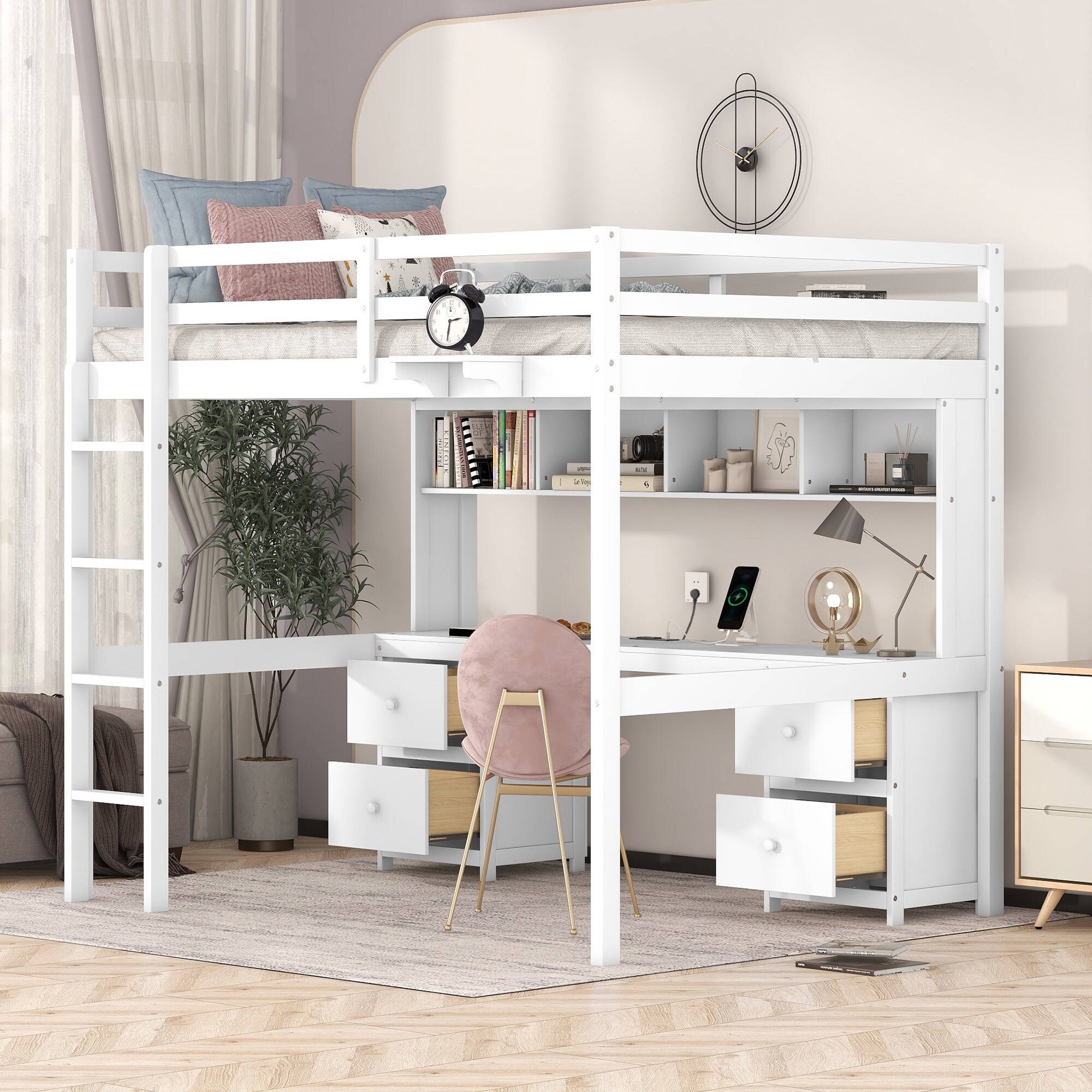 Pine Wood Loft Bed with Desk Cabinets Drawers and Bedside Tray