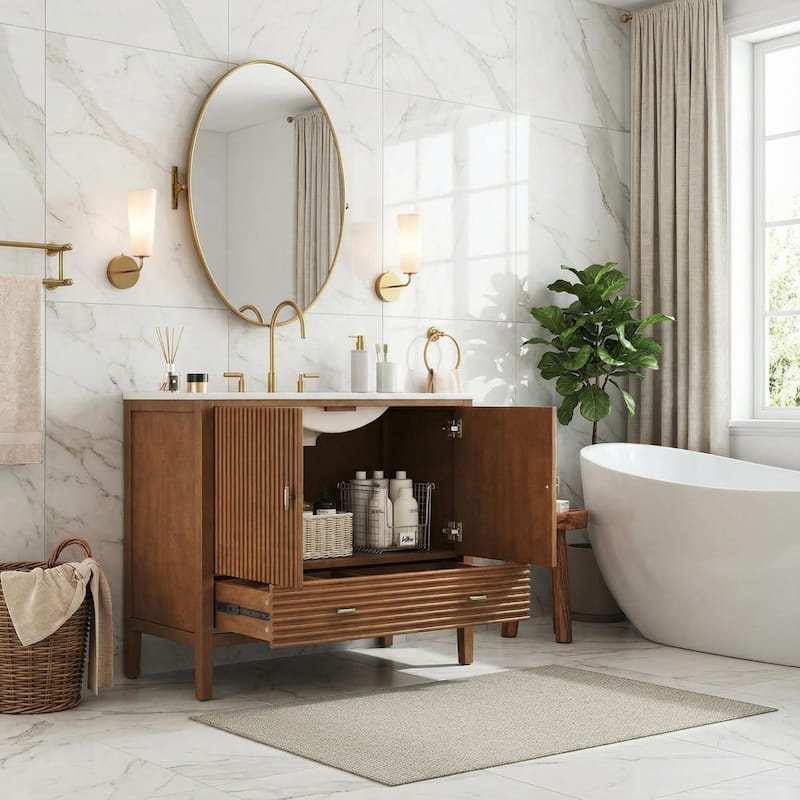 Christopher Knight Home - Mid-Century Freestanding Bathroom Vanity with Ceramic Sink, Flip-Up & Dual Drawers