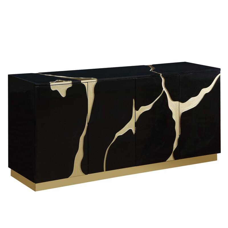 Best Master Furniture 66-Inch Lacquer Poplar Wood 4-Door Sideboard with Adjustable Shelves - Black/Gold