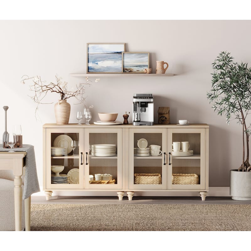 Kitchen Sideboard Buffet Cabinet, Glass Display Cabinet with Storage - 68 Inch - Beige