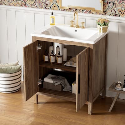30" Single Bathroom Vanity Cabinet Bathroom Basin Ceramic Sink, Brown - 30 Inch
