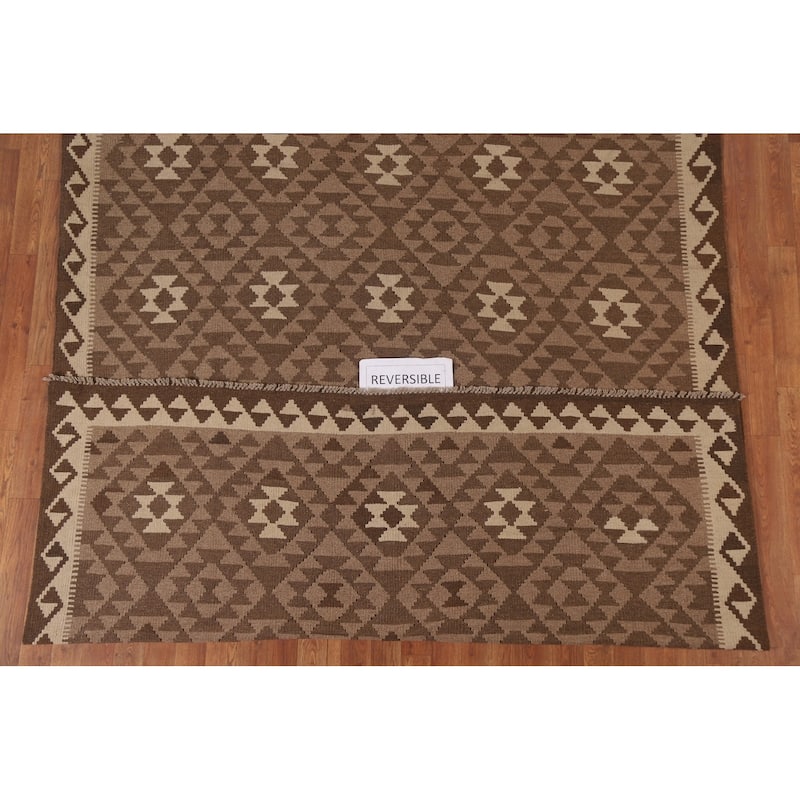 Hand Woven Oriental 100% Wool Carpet Southwestern Geometric Brown Kilim Area Rug - 9' 8'' X 6' 7''