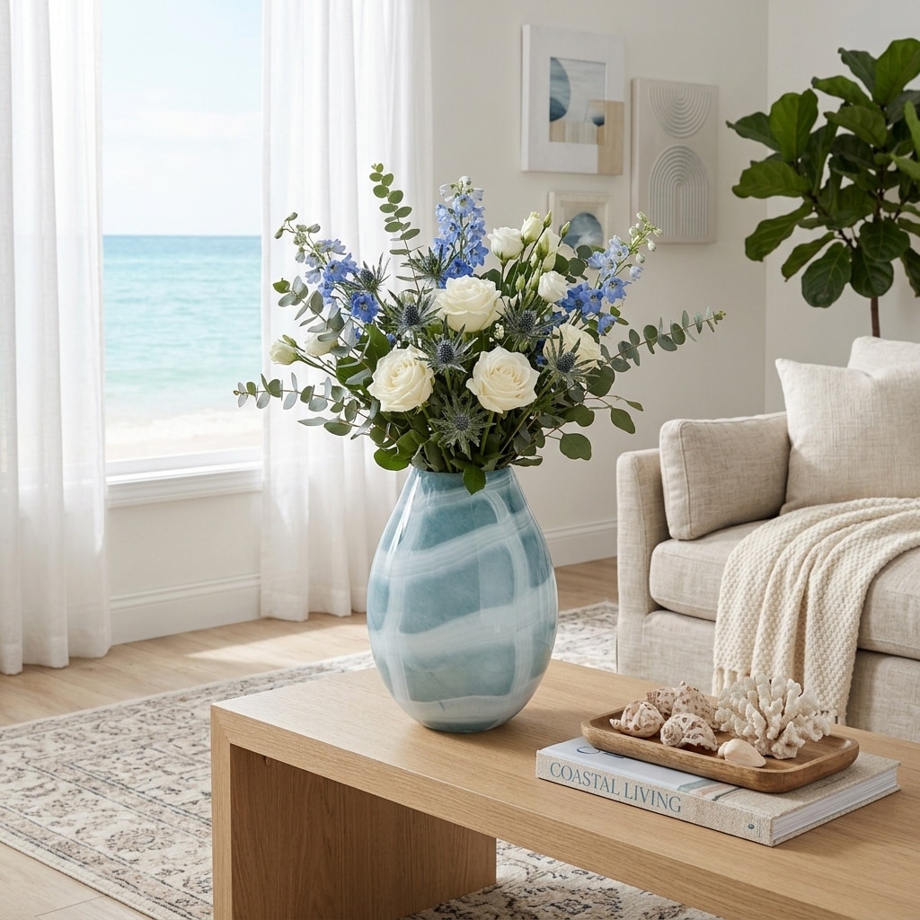Decorative Vase - Blue/White Glass Slim Swirled, 13 in.