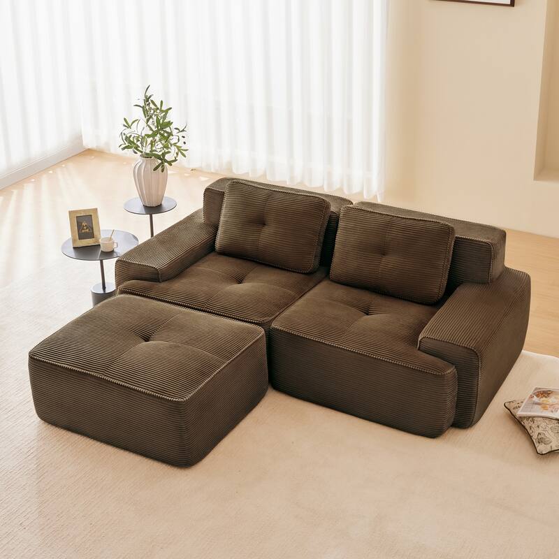 Roomfitters 82" Modular L-Shape Sectional Sofa, Corduroy Cloud Couch with Ottoman & Pearl Piping - Brown
