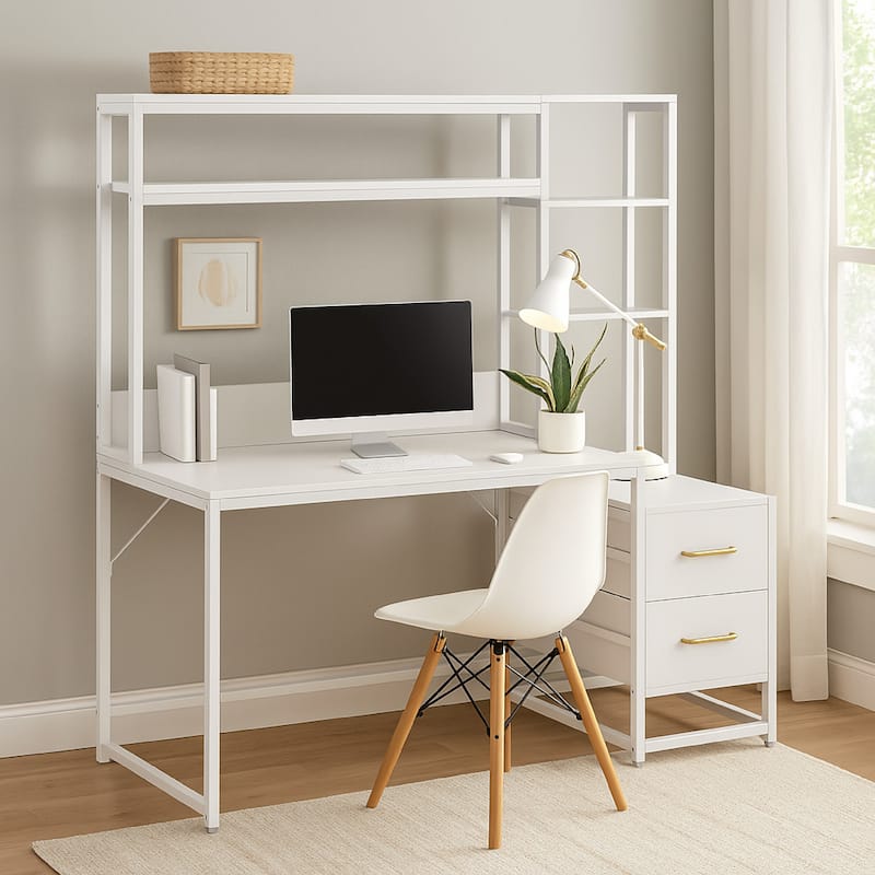 Computer Desk, 2 Drawers, Open Shelf Hutch, White Metal, 60 Inch