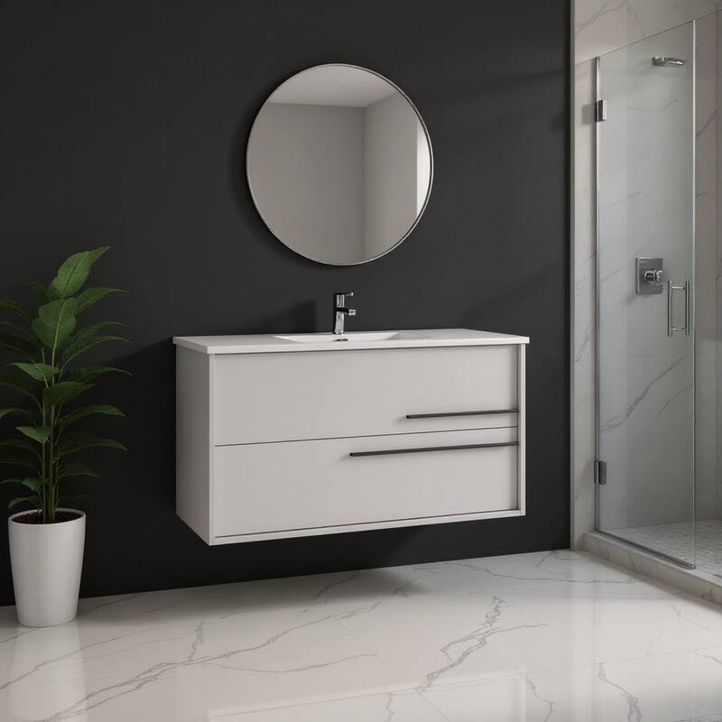 HomeRoots 40" Off White Wood Floating Bathroom Vanity With White Sink And Two Drawers - 40.00 in. x 24.60 in. x 21.60 in. - 40.00 in. x 24.60 in. x 21.60 in. - Polished - Off White