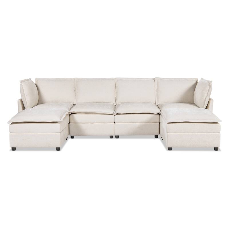 Sadie 124" Modular U-Shaped Sectional Sofa-in-a-Box with Storage, Sandstone Light Beige Chenille