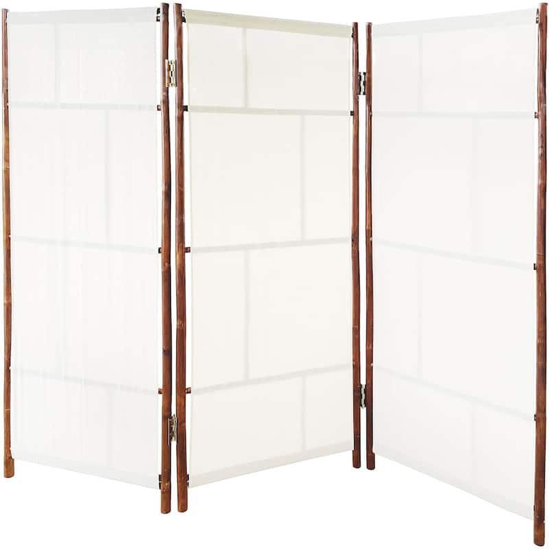 Handcrafted Bamboo Folding 3-Panel Room Divider Privacy Screen, Ecru Fabric