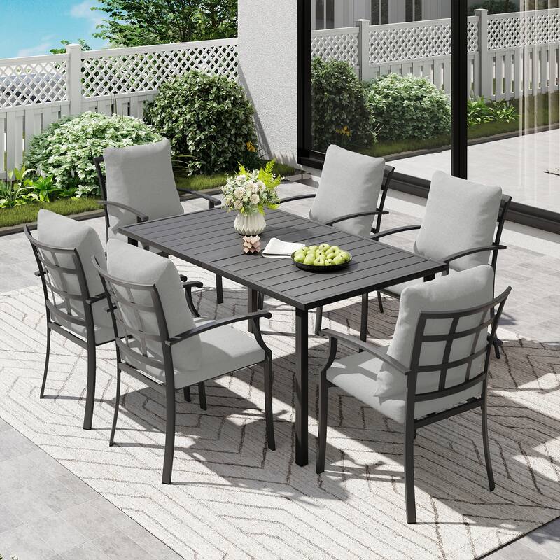 IvyGlow 7-Piece Black Metal Patio Dining Set with Rectangular Table and Gray Cushions