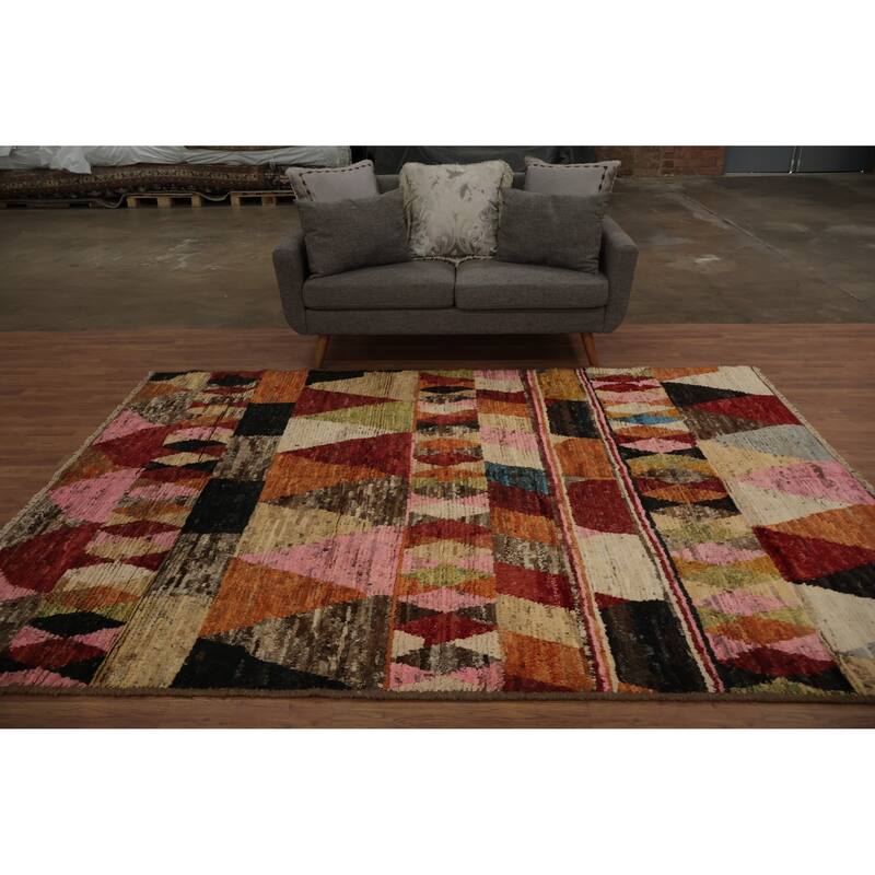 Hand Knotted Oriental 100% Wool Carpet Modern Tribal Multi-Colored Moroccan Area Rug - 9' 7'' X 6' 10''