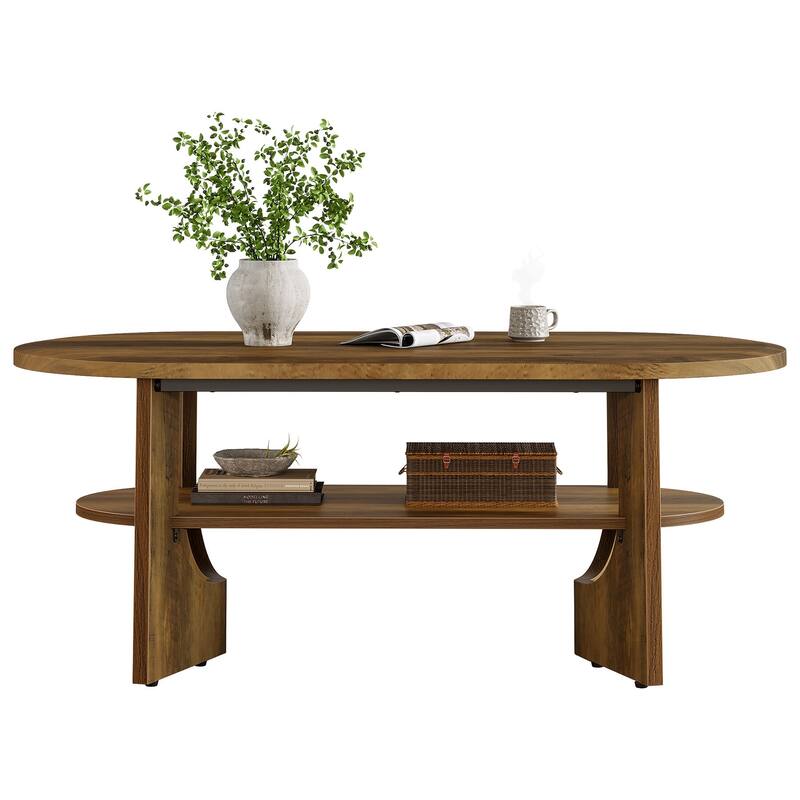 47.24" Oval Coffee Table, Farmhouse 2 Tiers Wooden Center Table