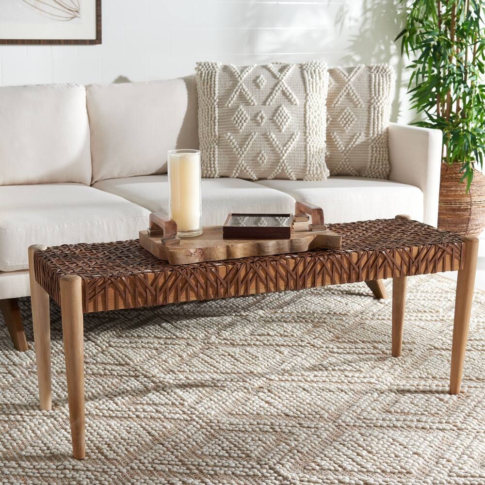 SAFAVIEH Mahalia Bandelier Wood & Leather Bench - 47" W x 16" D x 19" H - 47Wx16Dx19H