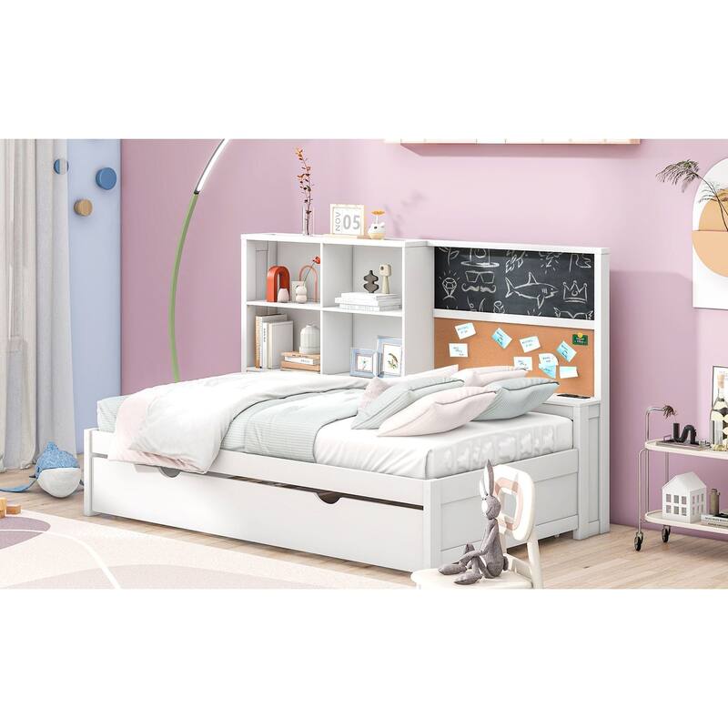 Full Size Wood Daybed with Storage Shelves, Blackboard, Cork Board, USB Charging Ports, and Trundle