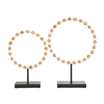 Wood Geometric Geometric Beaded Ring Sculpture with Black Metal Stands - Set of 2 Brown - Roche River Decor - 4"W x 13"L x 19"H