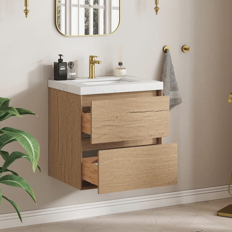 Sylphar 24 inch Bathroom Vanity with Sink, Floating Oak Cabinet with Stone Top