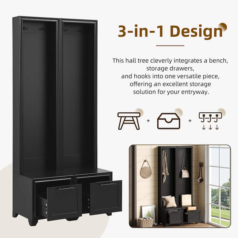 Elegant Free Standing Hall Tree Set of 2, Multifunctional 3-IN-1 Entryway Coat Rack with Black Retro Handles
