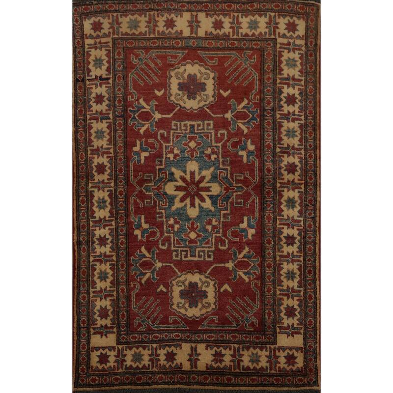Hand Knotted Oriental 100% Wool Carpet Traditional Geometric Red Super Kazak Area Rug - 5' 4'' X 3' 8''