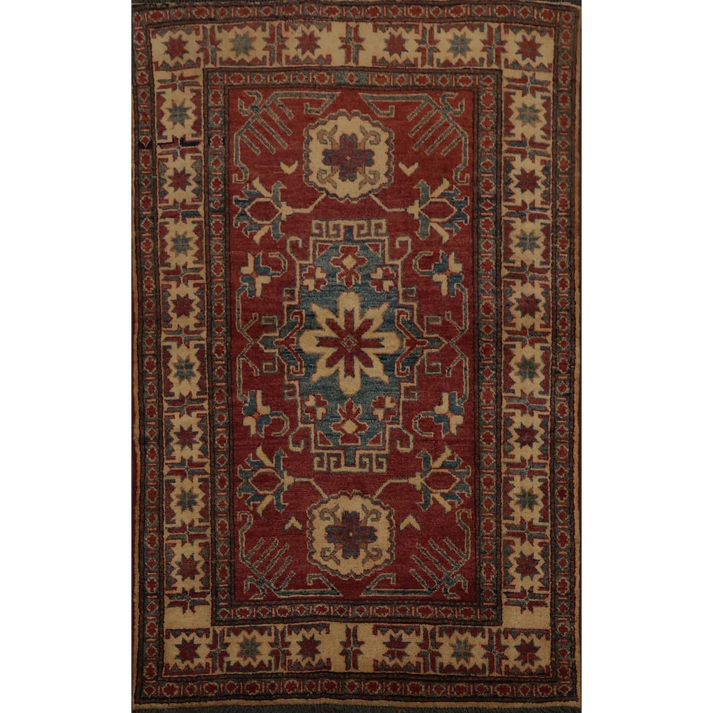 Hand Knotted Oriental 100% Wool Carpet Traditional Geometric Red Super Kazak Area Rug - 5' 4'' X 3' 8''