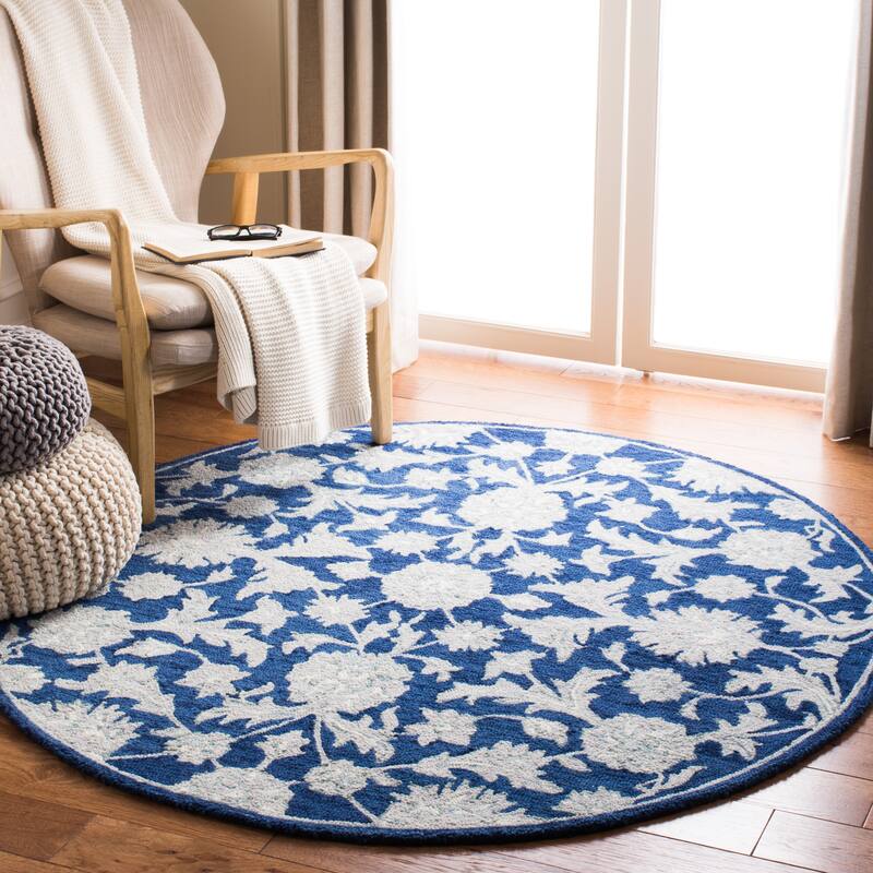 SAFAVIEH Handmade Micro-Loop Utta Wool Rug - 5' Round - Navy/Grey