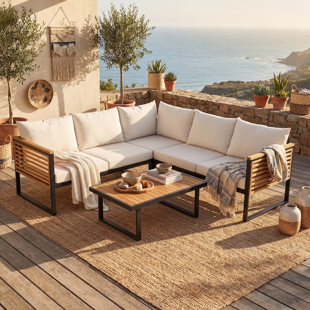 Christopher Knight Home - Adrian Outdoor 4-Piece Acacia Wood and Metal Patio Sectional Sofa Corner Set