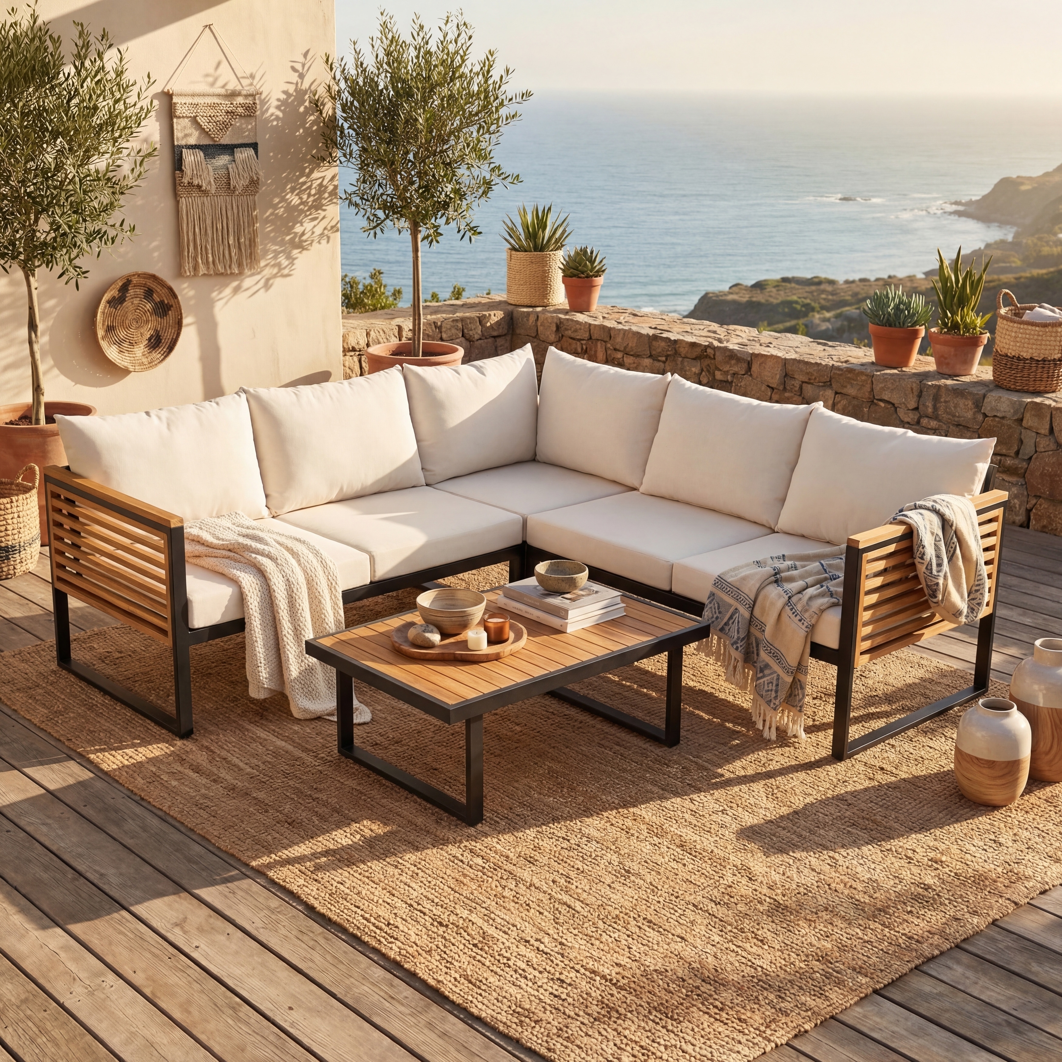 Christopher Knight Home - Adrian Outdoor 4-Piece Acacia Wood and Metal Patio Sectional Sofa Corner Set