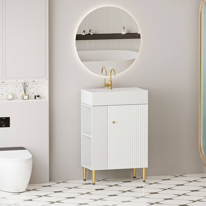 Compact White Bathroom Vanity with Ceramic Sink, Soft-Closing Cabinet, and Brushed Copper Accents for Small Spaces