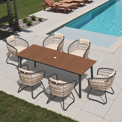 7-Piece Outdoor Rectangle Patio Dining Table with Umbrella Hole and Cushioned Chairs