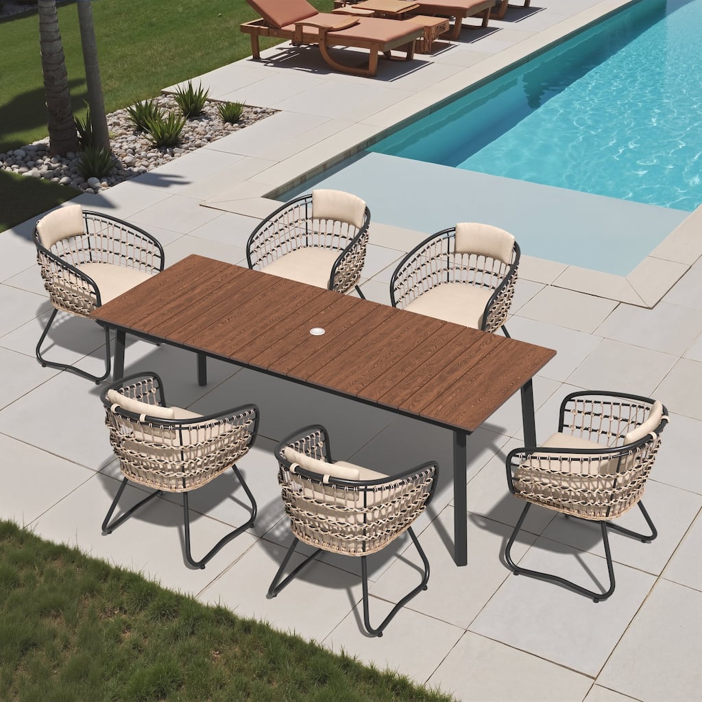 7-Piece Outdoor Rectangle Patio Dining Table with Umbrella Hole and Cushioned Chairs