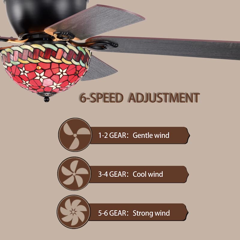 Chergo 52-Inch Flushmount Lighted Ceiling Fan Red Flower Tiffany Glass Lamp Black Finish
