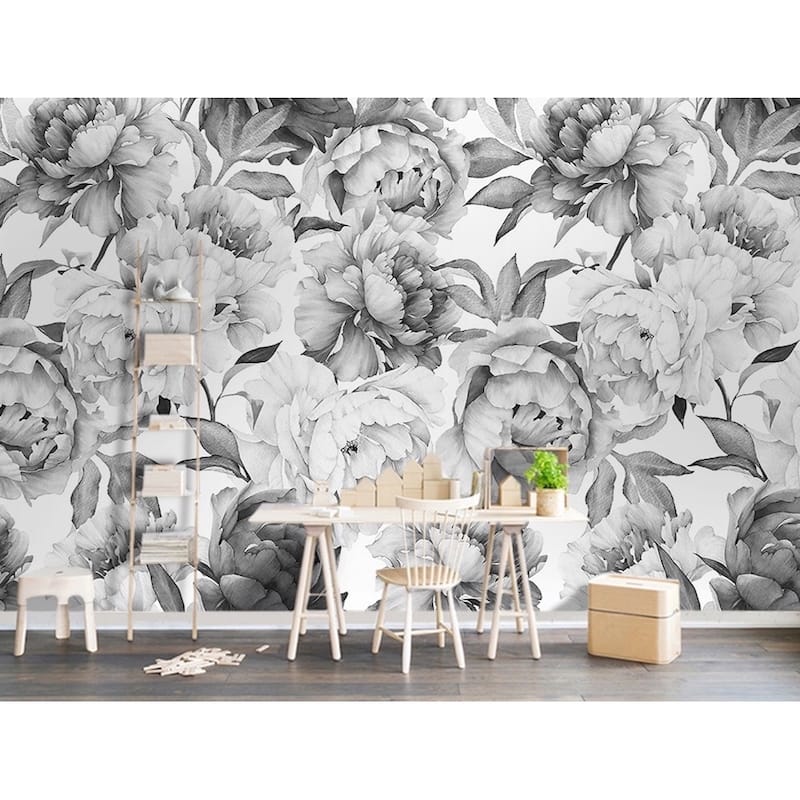 GK Wall Design Charcoal Flower Monochrome Peony Peel&Stick Wallpaper
