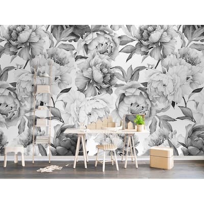 GK Wall Design Charcoal Flower Monochrome Peony Peel&Stick Wallpaper
